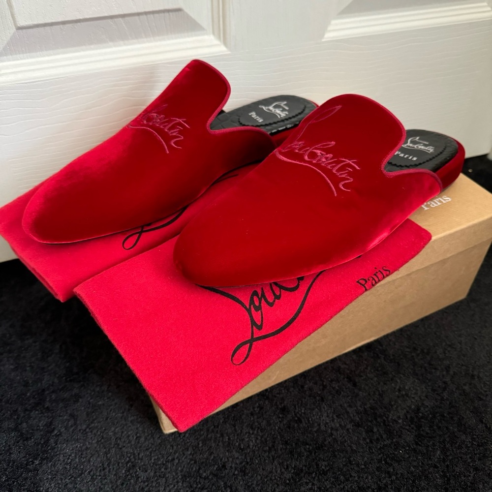 Christian Louboutin Navy Coolito Flat Mules in Red Velvet Size 42